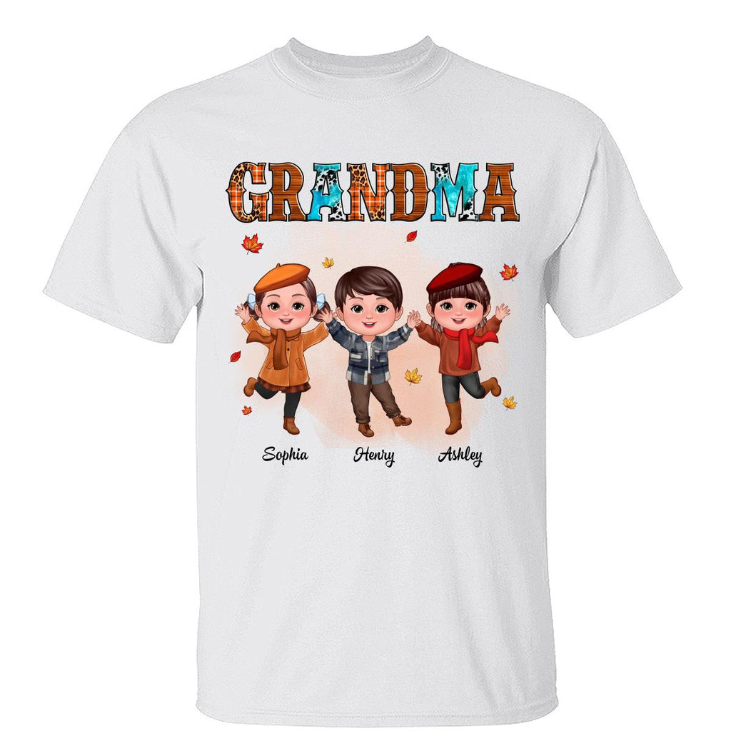 Grandma Teal And Leopard Fall Season Happy Doll Grandkids Personalized Shirt