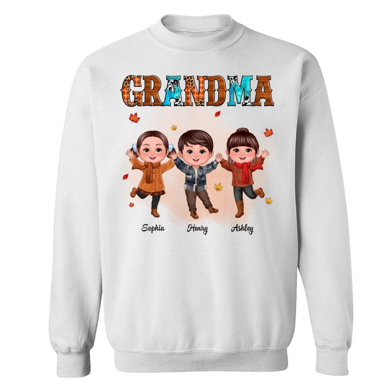 Grandma Teal And Leopard Fall Season Happy Doll Grandkids Personalized Shirt