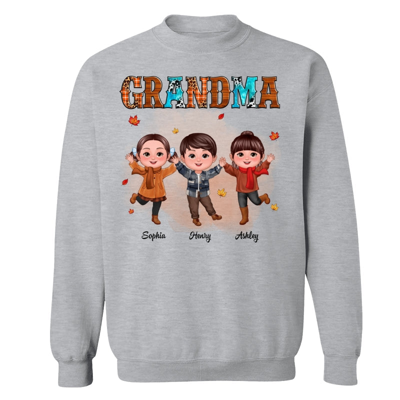 Grandma Teal And Leopard Fall Season Happy Doll Grandkids Personalized Shirt