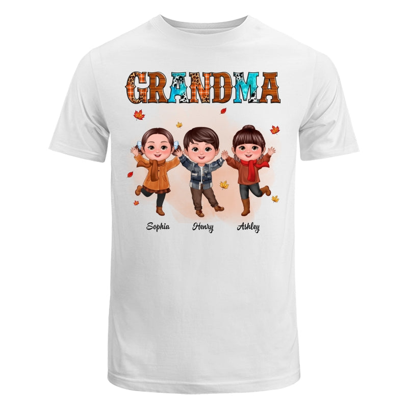 Grandma Teal And Leopard Fall Season Happy Doll Grandkids Personalized Shirt