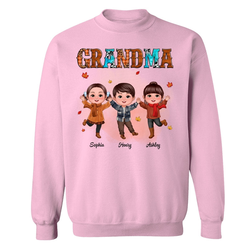 Grandma Teal And Leopard Fall Season Happy Doll Grandkids Personalized Shirt