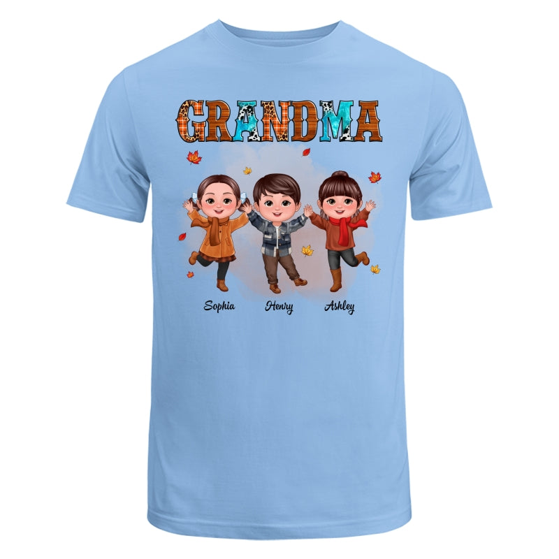 Grandma Teal And Leopard Fall Season Happy Doll Grandkids Personalized Shirt
