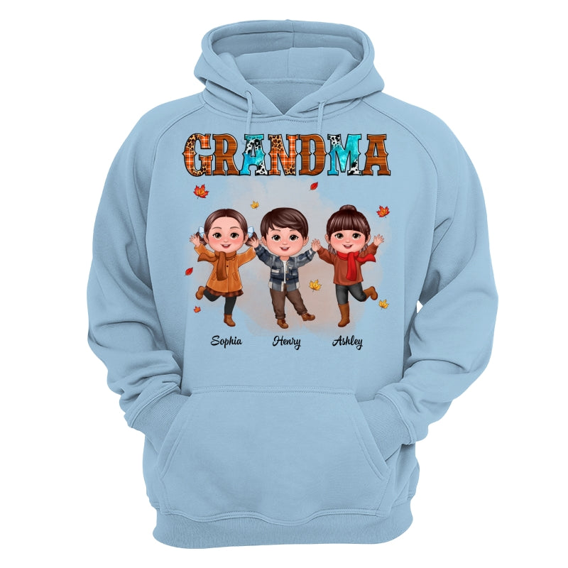 Grandma Teal And Leopard Fall Season Happy Doll Grandkids Personalized Shirt
