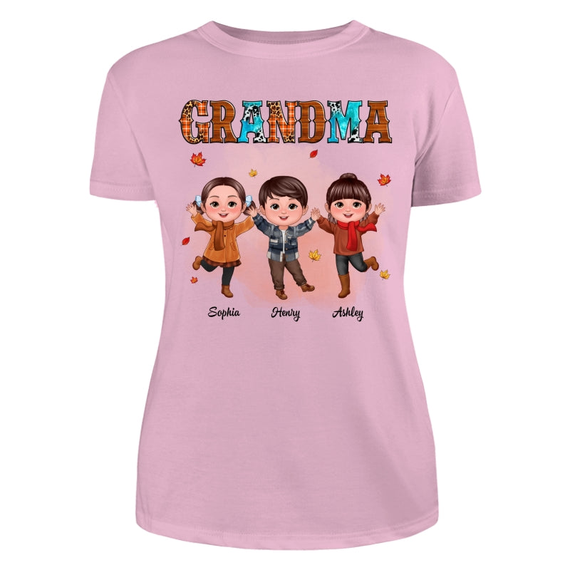Grandma Teal And Leopard Fall Season Happy Doll Grandkids Personalized Shirt