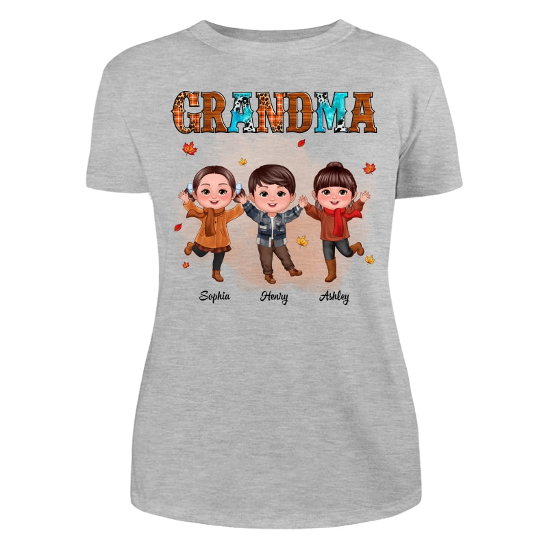 Grandma Teal And Leopard Fall Season Happy Doll Grandkids Personalized Shirt