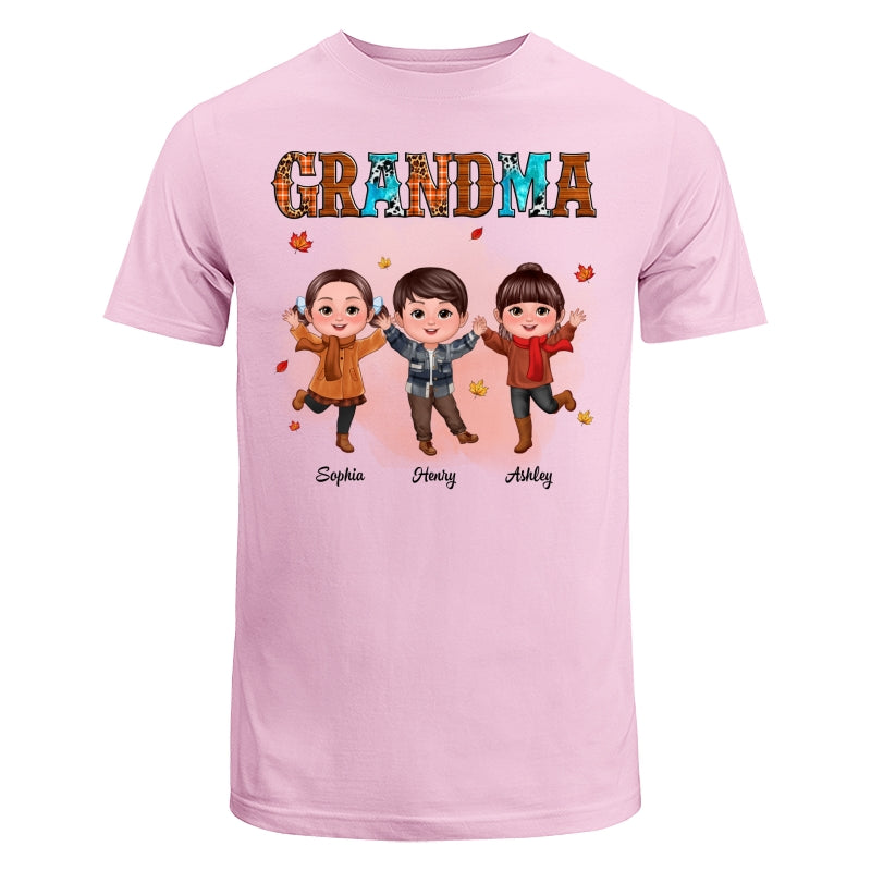 Grandma Teal And Leopard Fall Season Happy Doll Grandkids Personalized Shirt