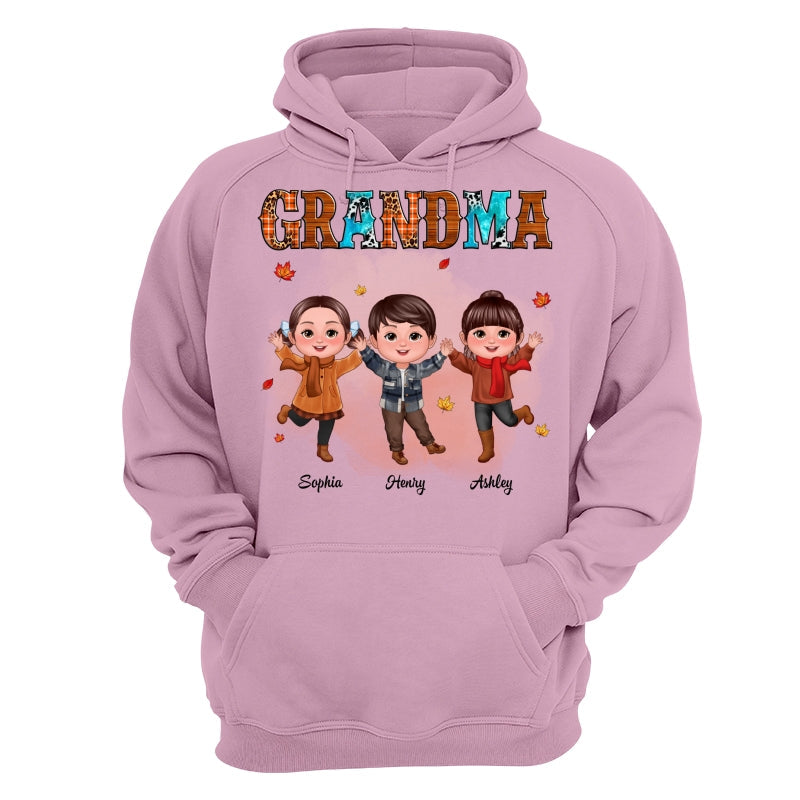 Grandma Teal And Leopard Fall Season Happy Doll Grandkids Personalized Shirt