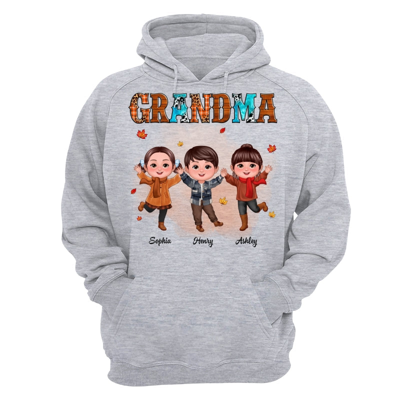 Grandma Teal And Leopard Fall Season Happy Doll Grandkids Personalized Shirt