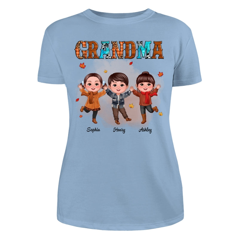 Grandma Teal And Leopard Fall Season Happy Doll Grandkids Personalized Shirt