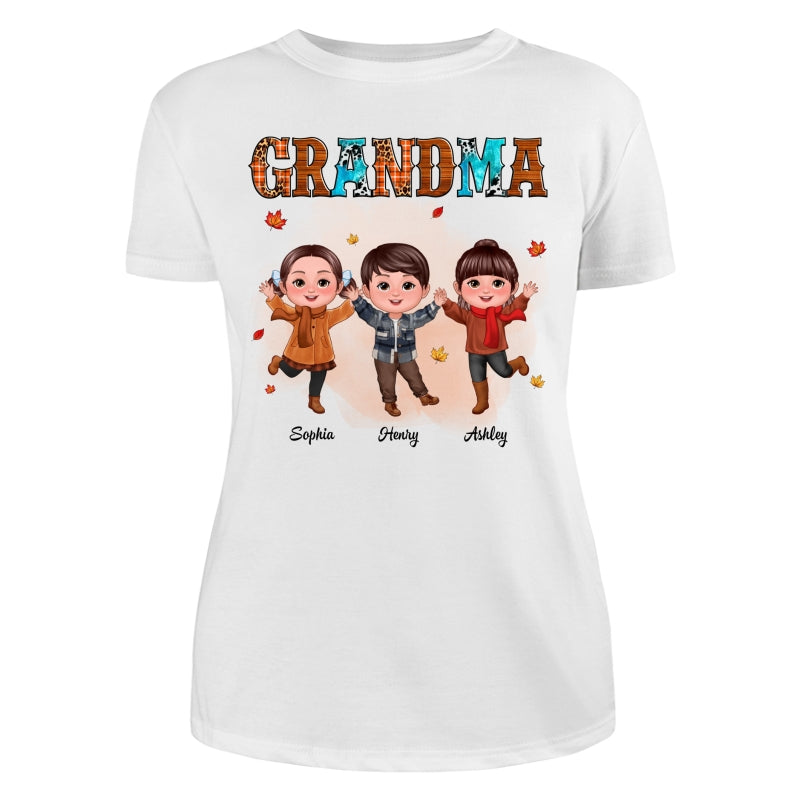 Grandma Teal And Leopard Fall Season Happy Doll Grandkids Personalized Shirt
