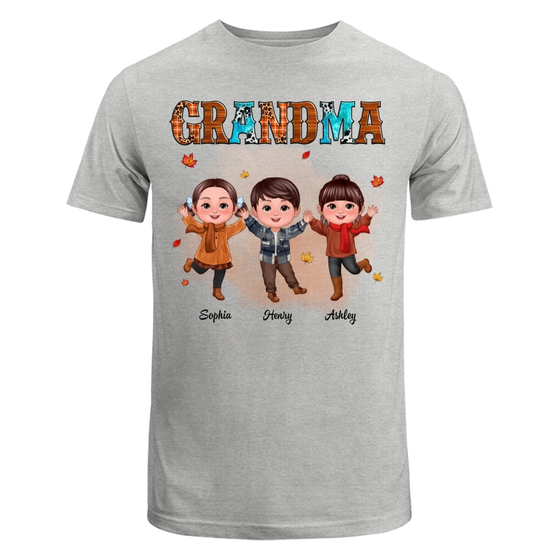 Grandma Teal And Leopard Fall Season Happy Doll Grandkids Personalized Shirt